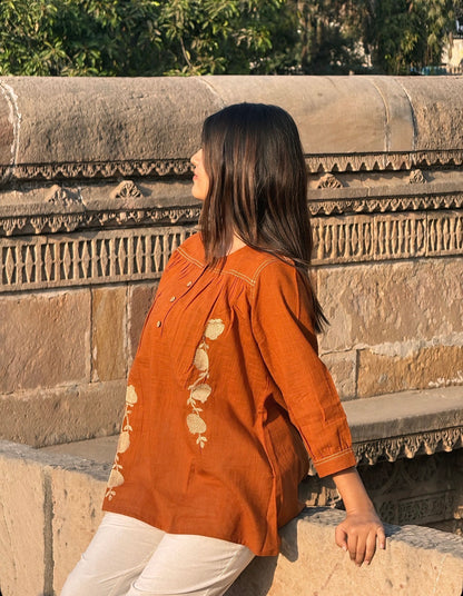 ANORA Rust Hand Detail Cotton Top