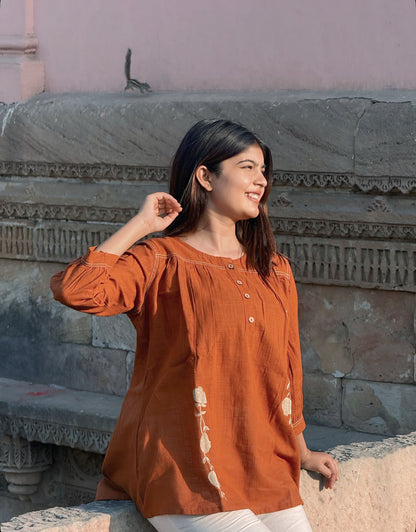 ANORA Rust Hand Detail Cotton Top