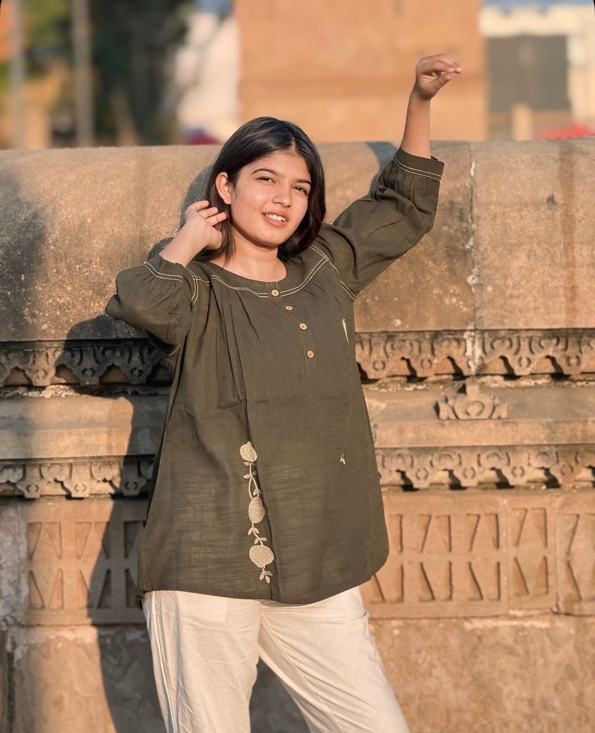 ANORA Army Green Hand Detail Cotton Top