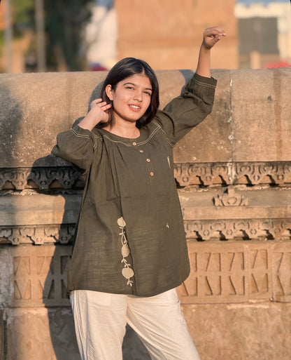 ANORA Army Green Hand Detail Cotton Top