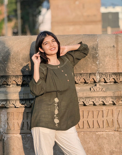 ANORA Army Green Hand Detail Cotton Top