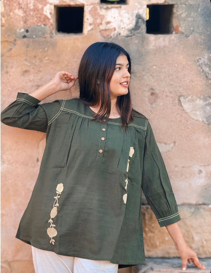 ANORA Army Green Hand Detail Cotton Top