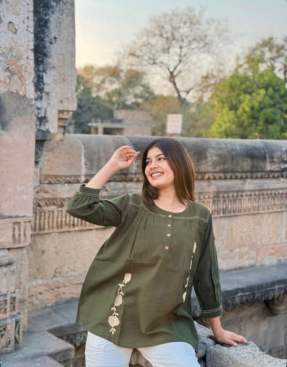 ANORA Army Green Hand Detail Cotton Top