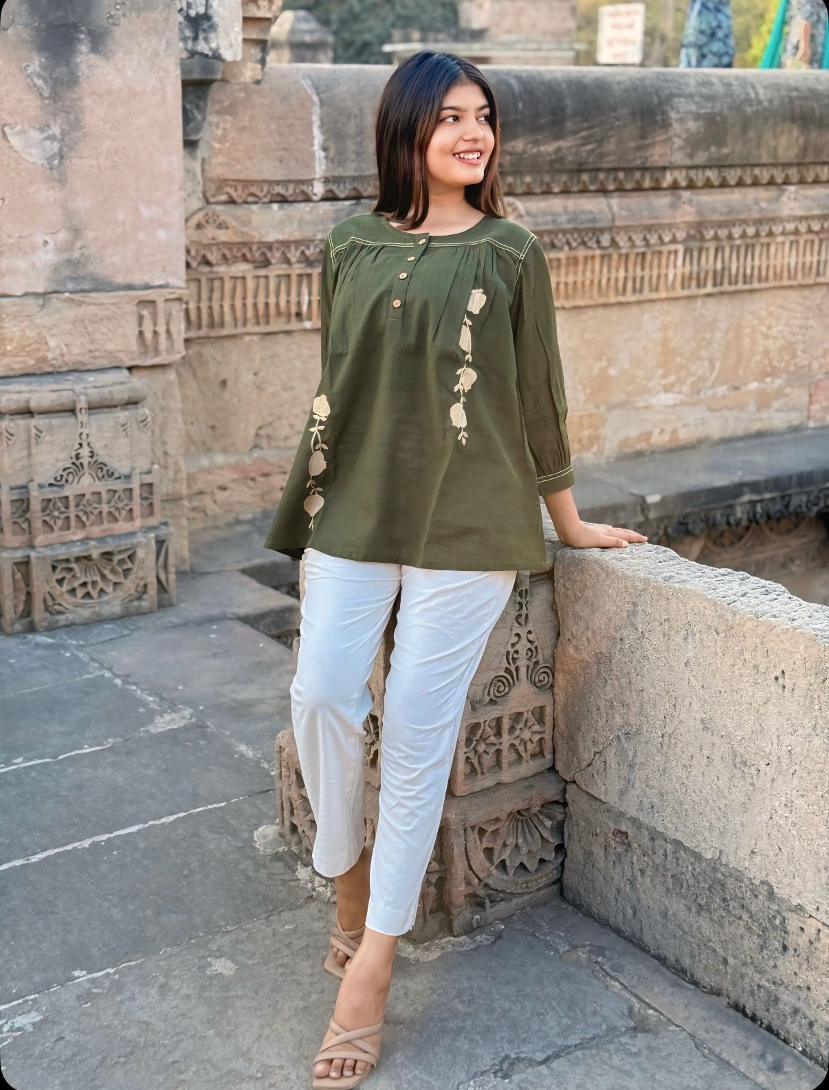 ANORA Army Green Hand Detail Cotton Top