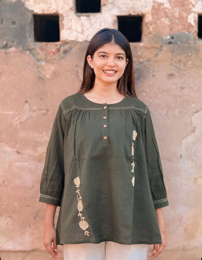 ANORA Army Green Hand Detail Cotton Top