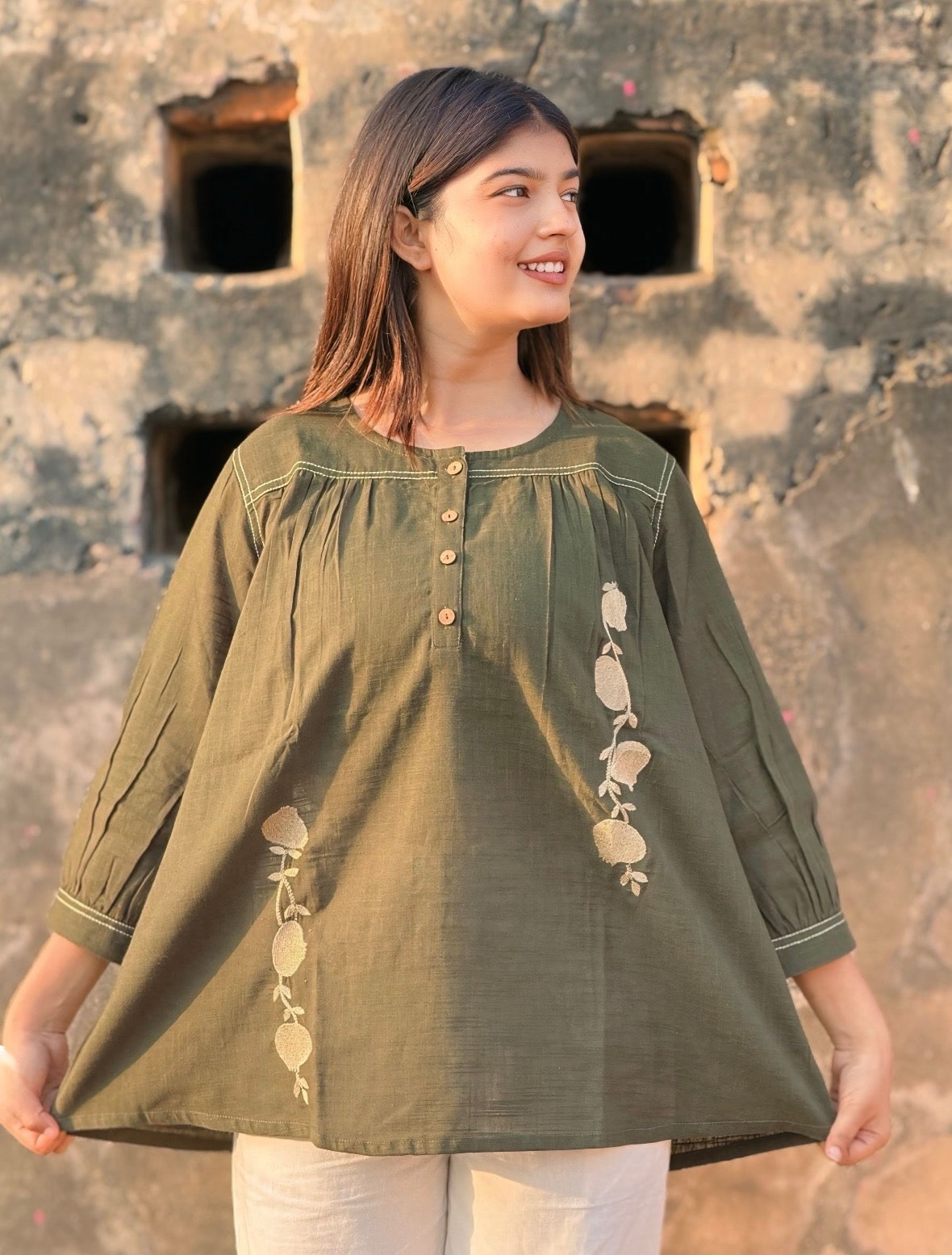 ANORA Army Green Hand Detail Cotton Top