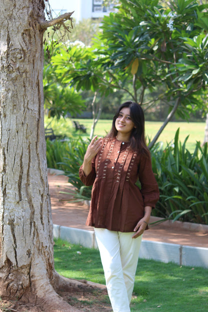 LIVAE Coffee Brown Handwork Cotton Short Top