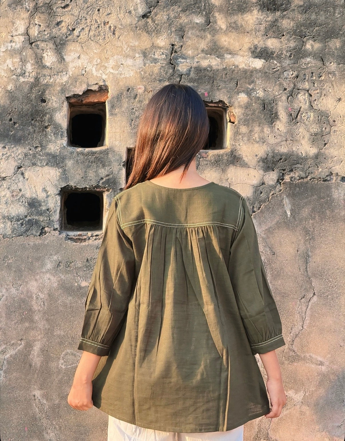 ANORA Army Green Hand Detail Cotton Top