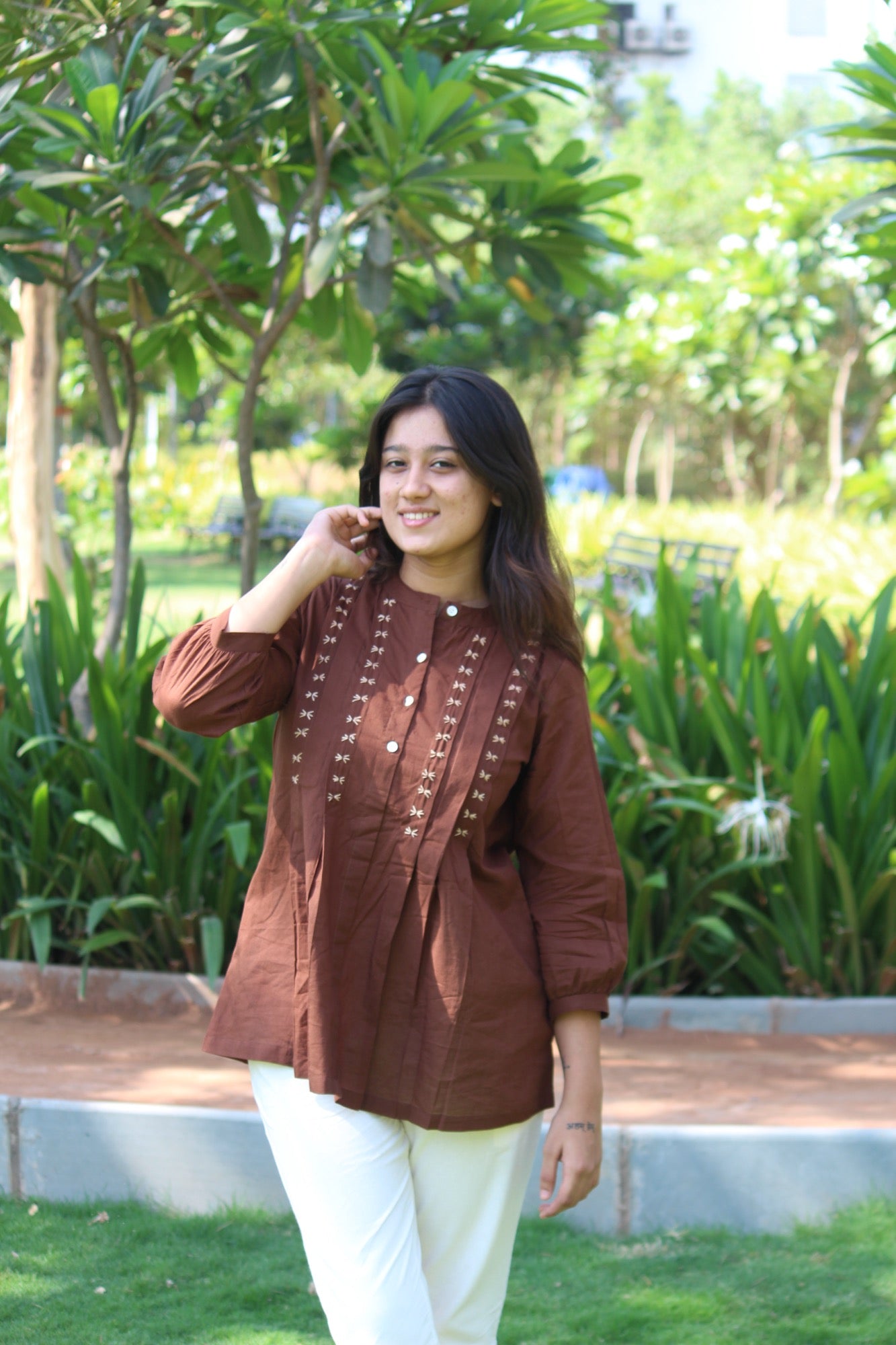 LIVAE Coffee Brown Handwork Cotton Short Top