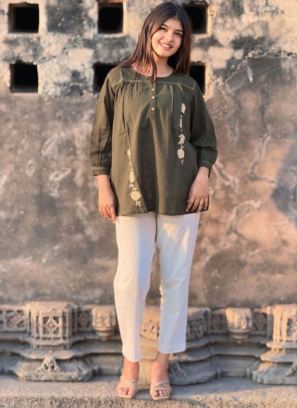 ANORA Army Green Hand Detail Cotton Top