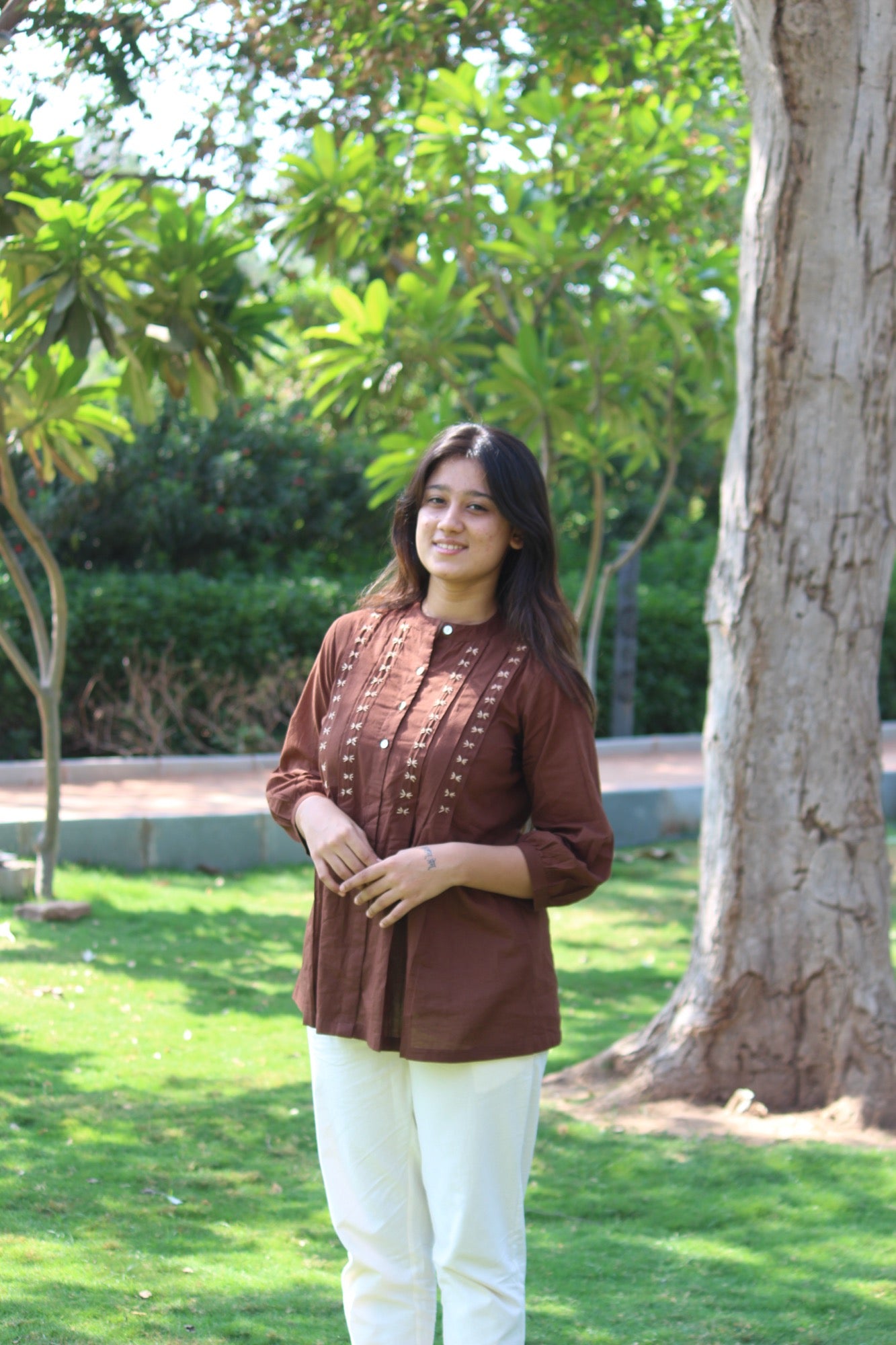 LIVAE Coffee Brown Handwork Cotton Short Top