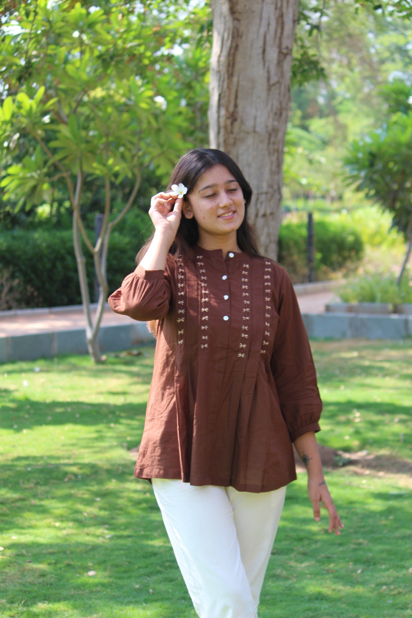 LIVAE Coffee Brown Handwork Cotton Short Top