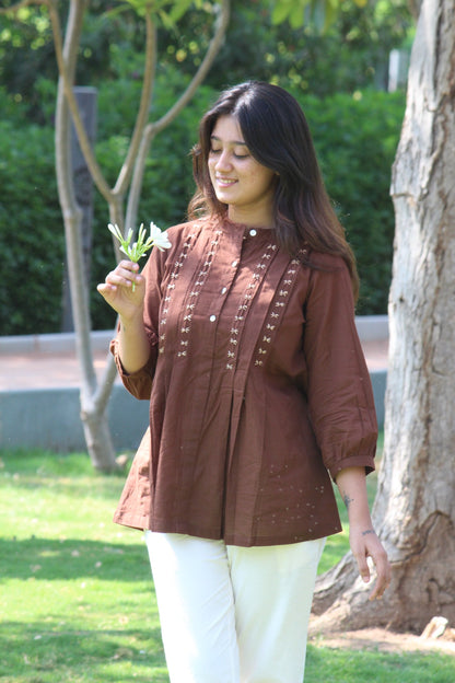 LIVAE Coffee Brown Handwork Cotton Short Top
