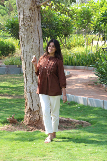 LIVAE Coffee Brown Handwork Cotton Short Top