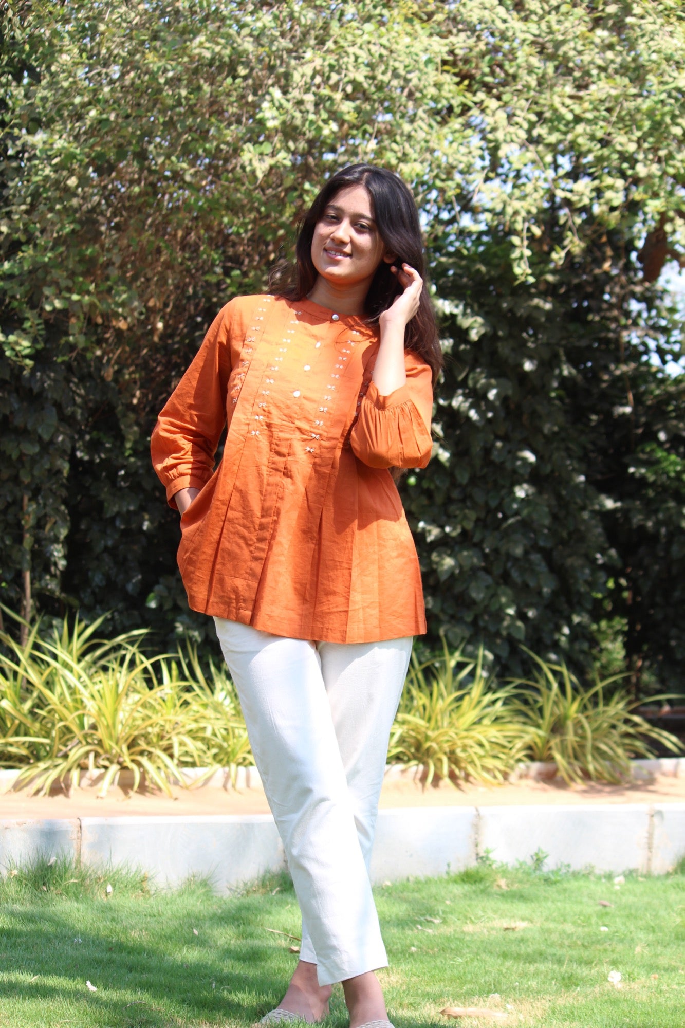 LIVAE Rust Handwork Cotton Short Top