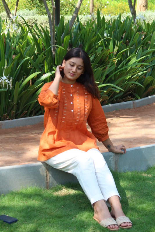LIVAE Rust Handwork Cotton Short Top