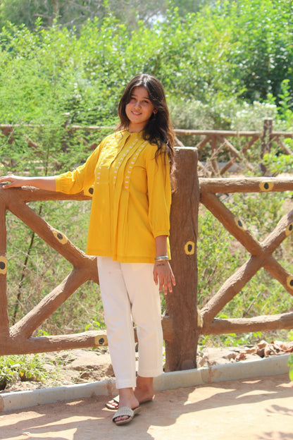 LIVAE Mustard Yellow Handwork Cotton Short Top