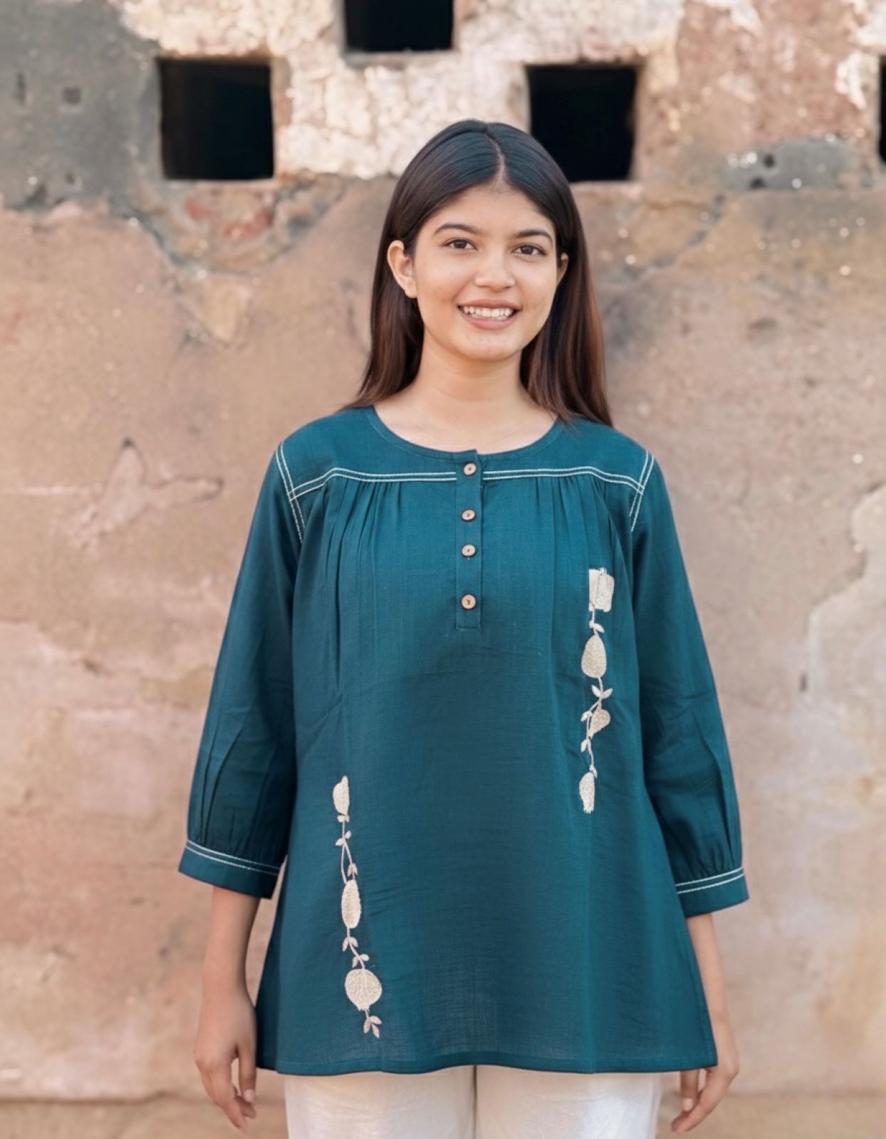 ANORA Earthy Teal Hand Detail Cotton Top