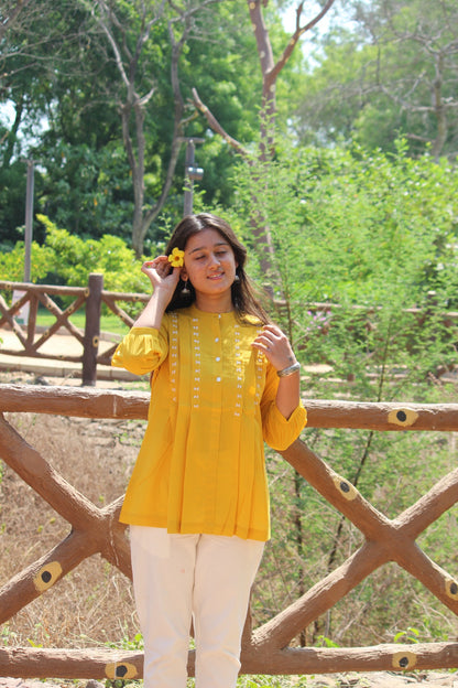 LIVAE Mustard Yellow Handwork Cotton Short Top