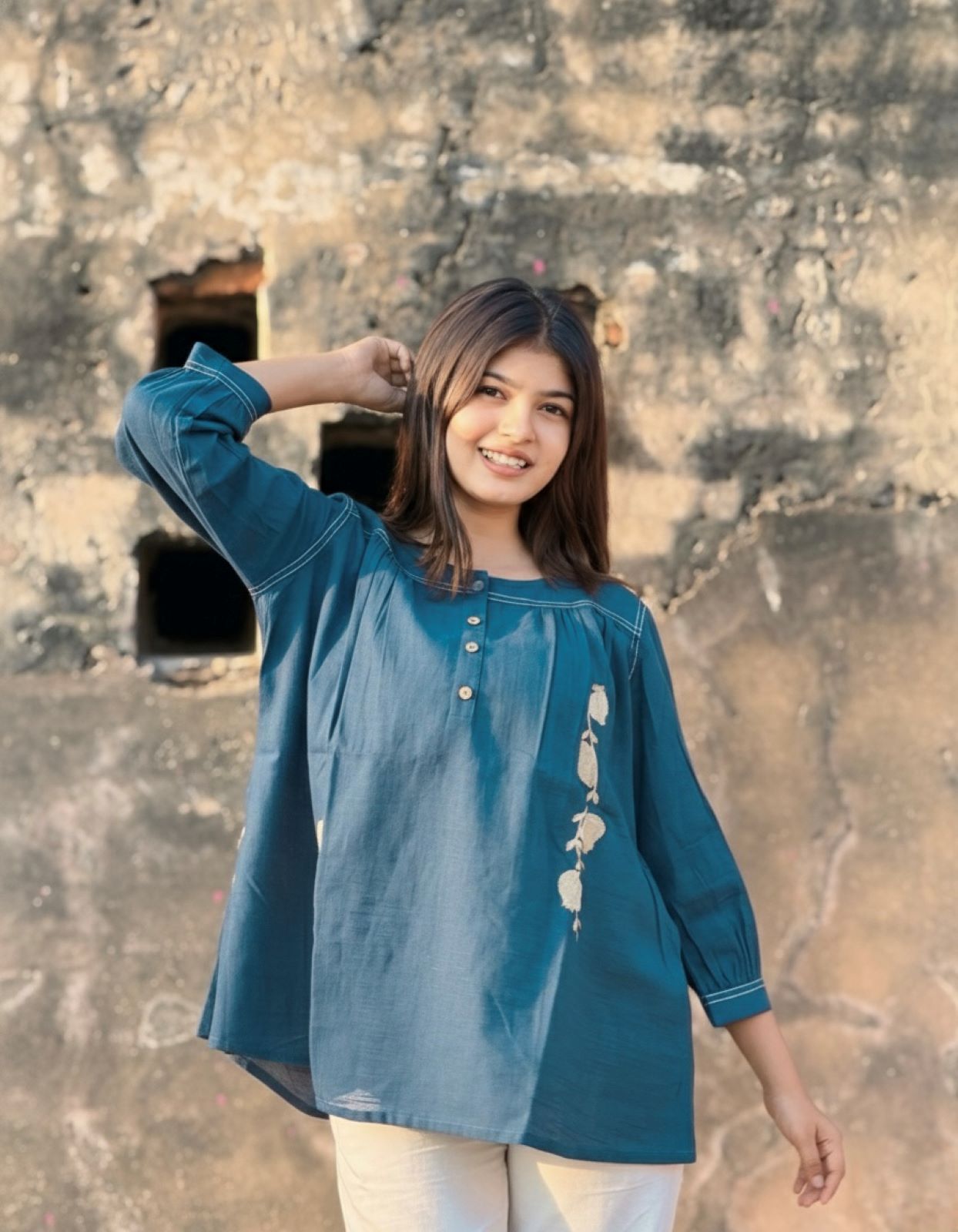 ANORA Earthy Teal Hand Detail Cotton Top