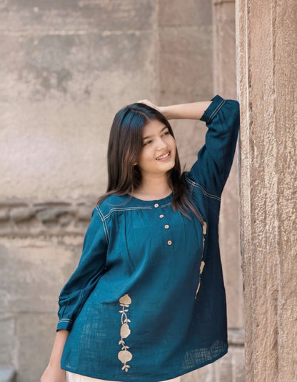 ANORA Earthy Teal Hand Detail Cotton Top