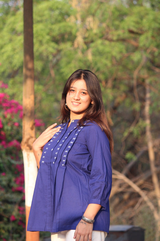LIVAE Navy Blue Handwork Cotton Short Top