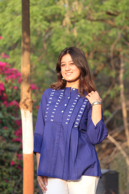 LIVAE Navy Blue Handwork Cotton Short Top