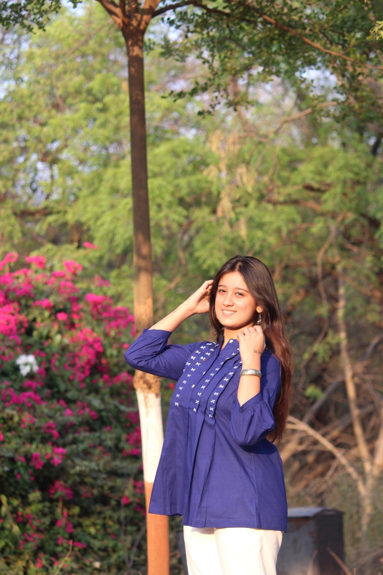 LIVAE Navy Blue Handwork Cotton Short Top