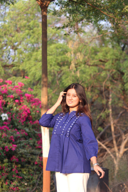 LIVAE Navy Blue Handwork Cotton Short Top
