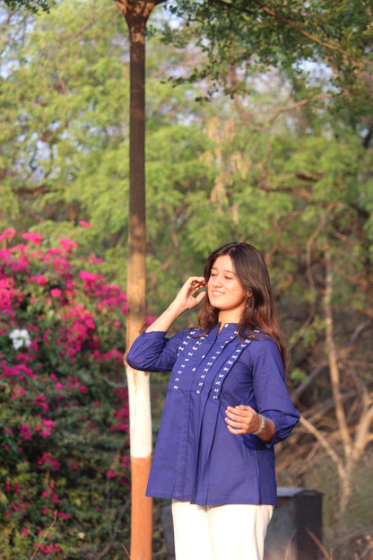 LIVAE Navy Blue Handwork Cotton Short Top