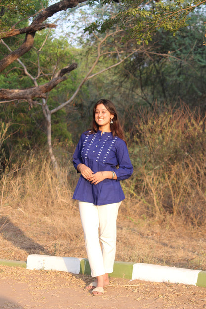 LIVAE Navy Blue Handwork Cotton Short Top