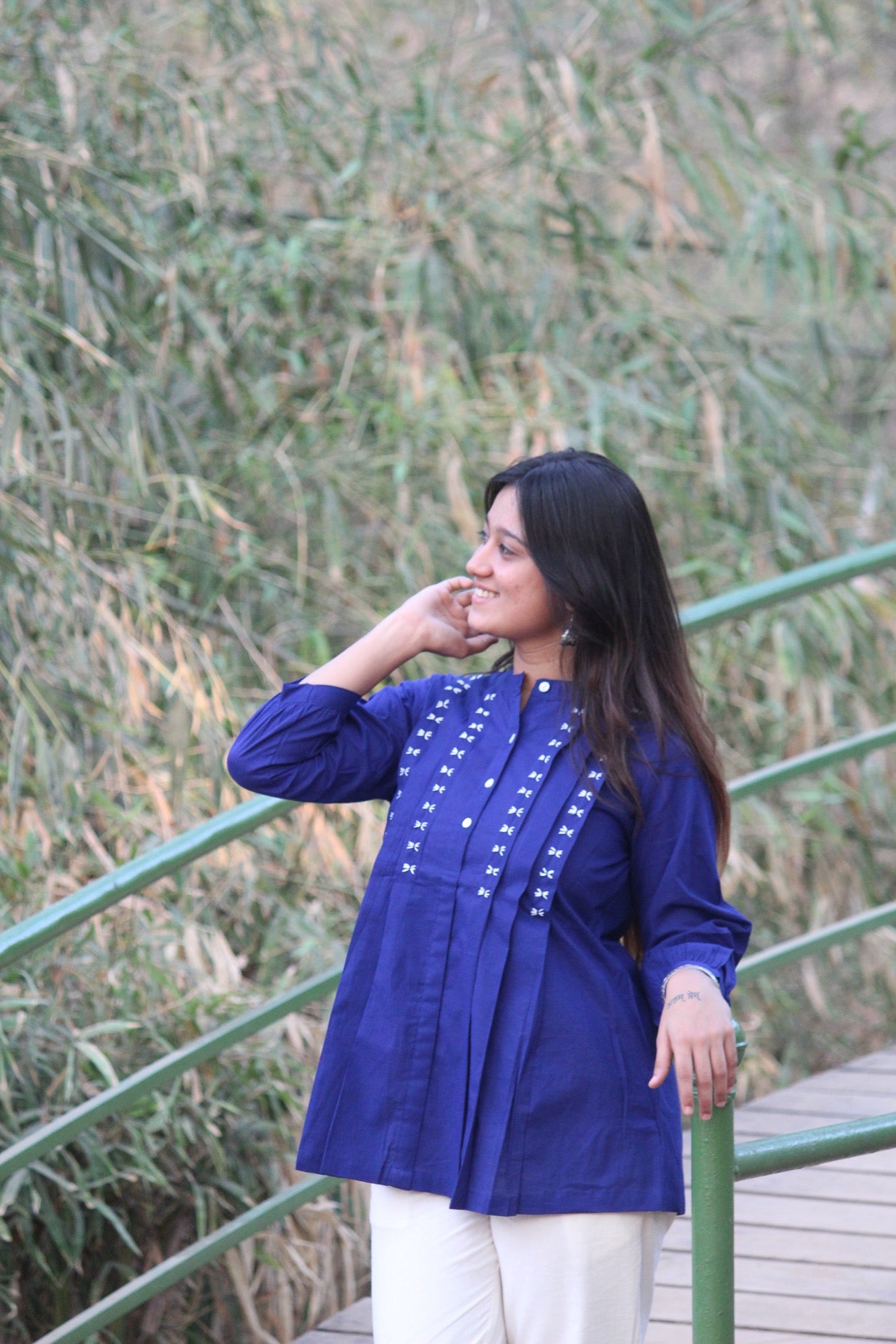 LIVAE Navy Blue Handwork Cotton Short Top