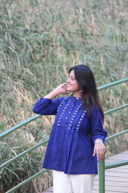 LIVAE Navy Blue Handwork Cotton Short Top