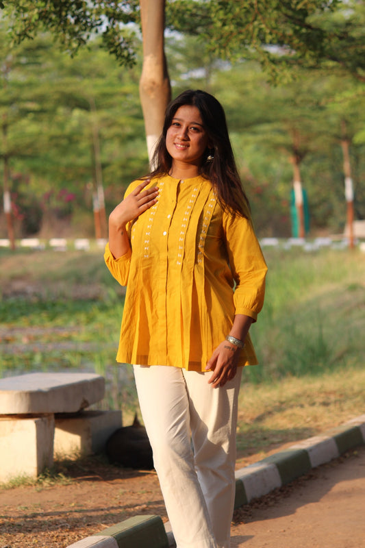 LIVAE Mustard Yellow Handwork Cotton Short Top