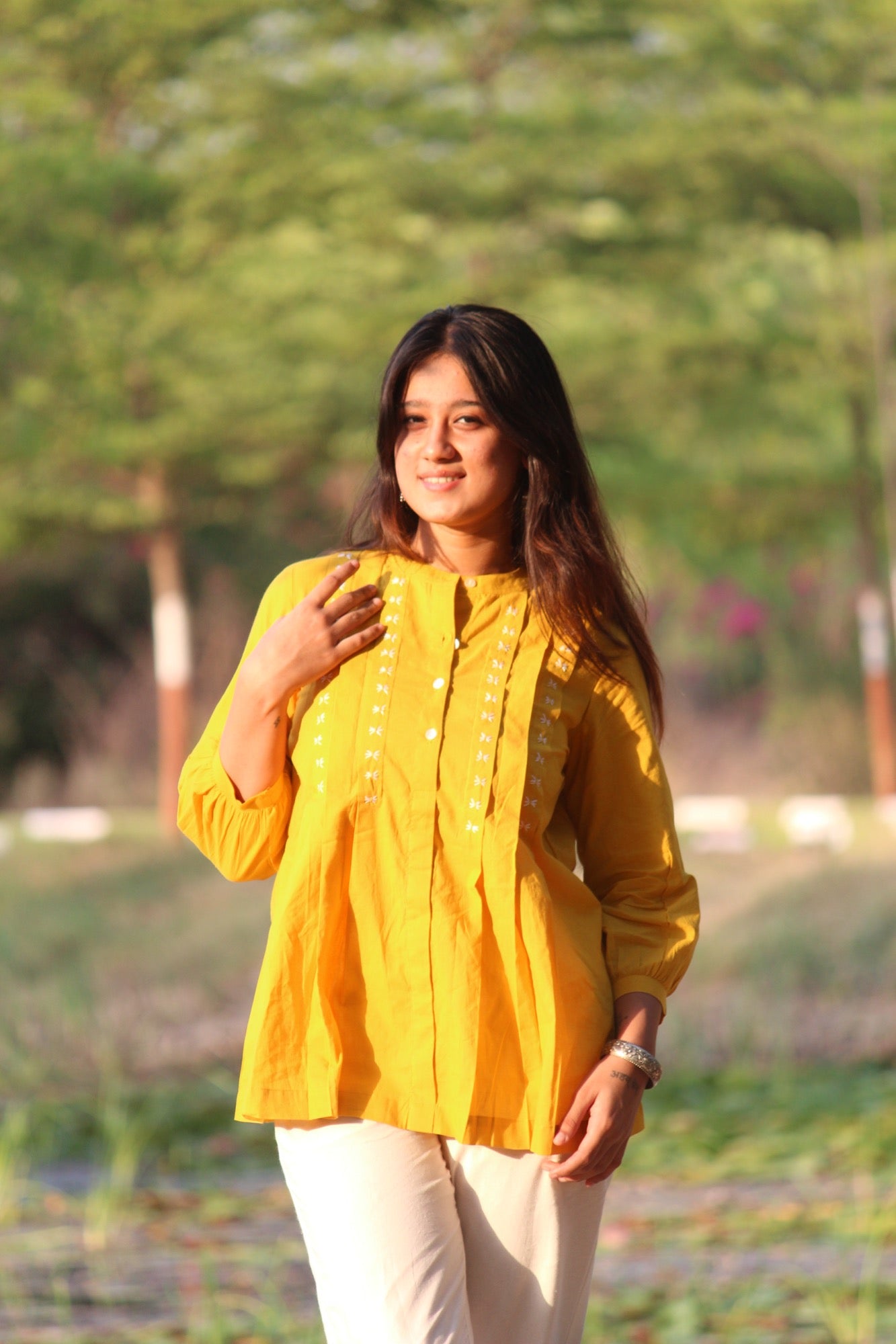 LIVAE Mustard Yellow Handwork Cotton Short Top