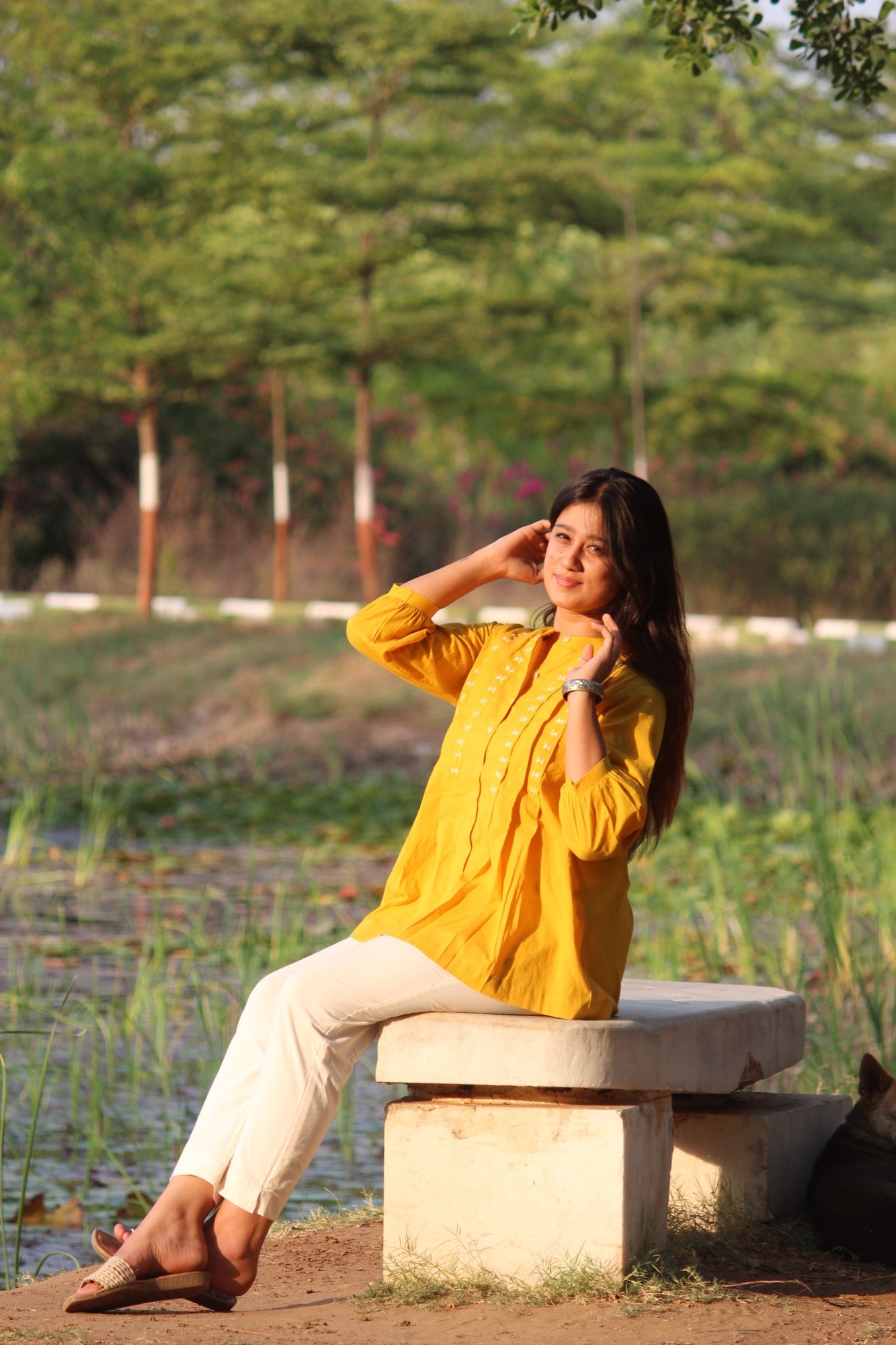 LIVAE Mustard Yellow Handwork Cotton Short Top