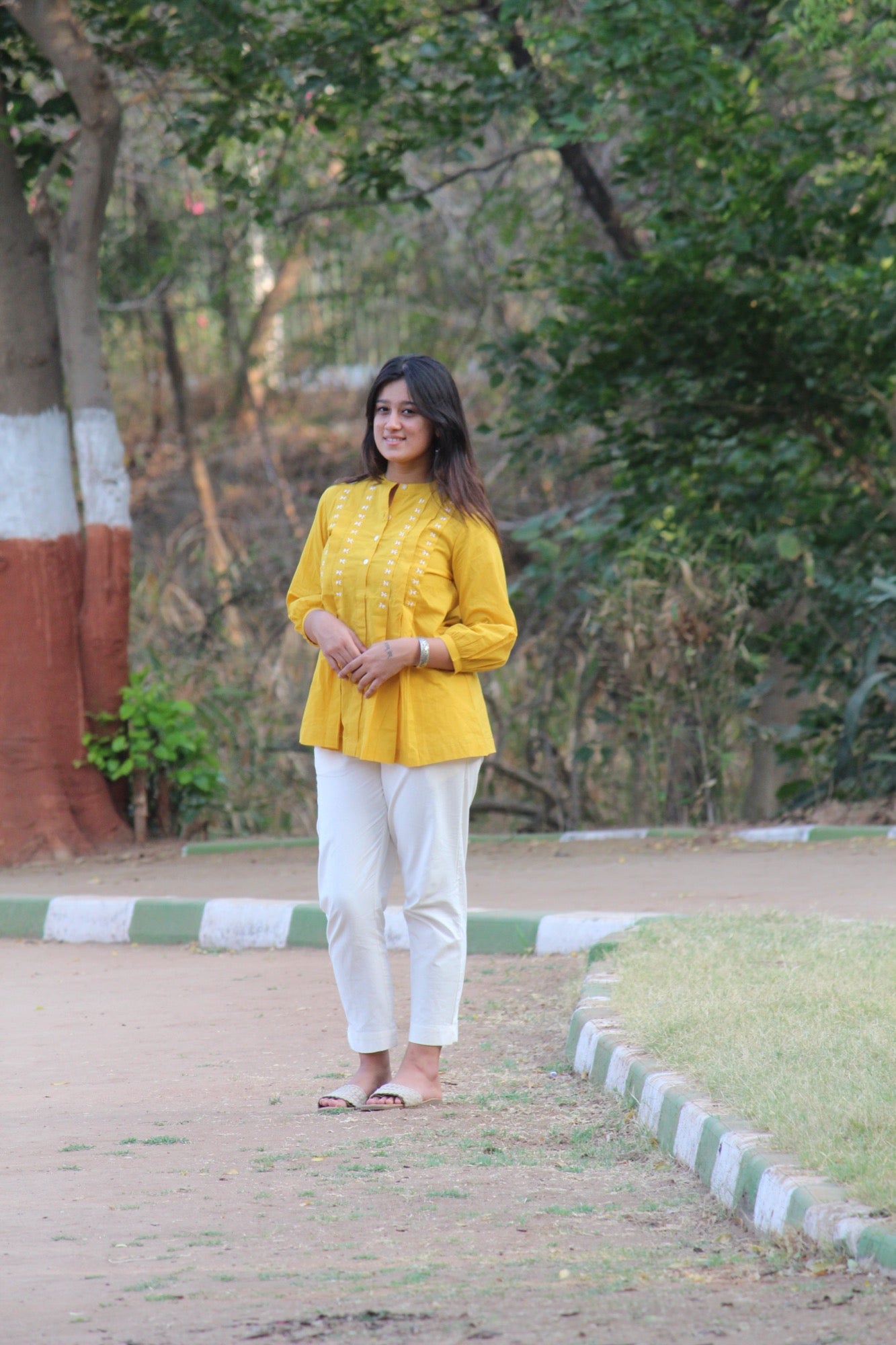 LIVAE Mustard Yellow Handwork Cotton Short Top