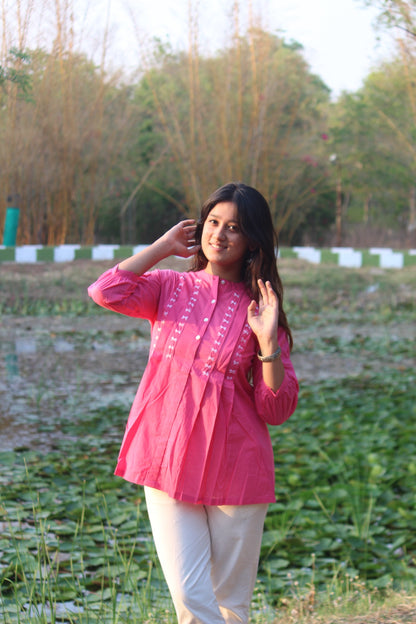 LIVAE Baby Pink Handwork Cotton Short Top