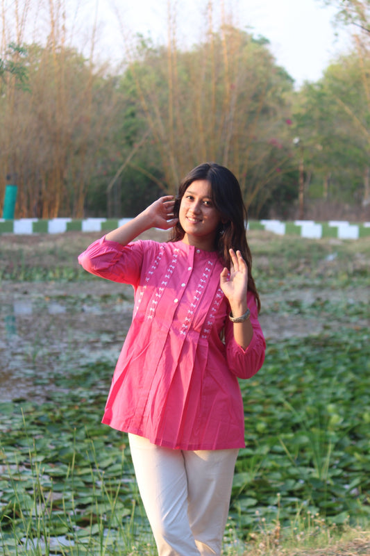 LIVAE Baby Pink Handwork Cotton Short Top