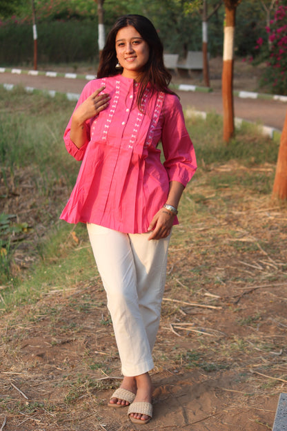 LIVAE Baby Pink Handwork Cotton Short Top