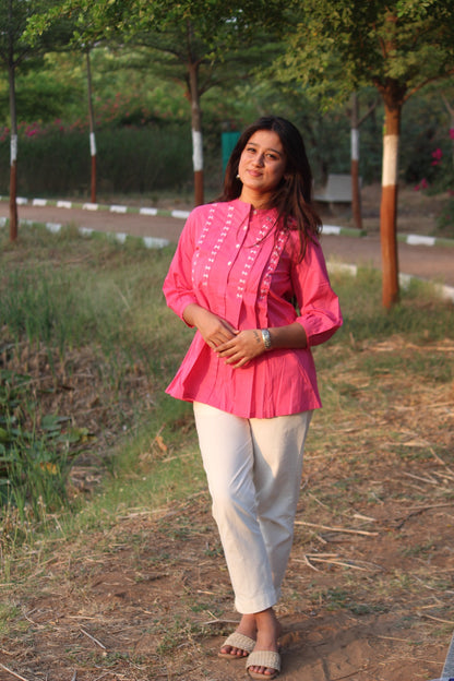 LIVAE Baby Pink Handwork Cotton Short Top