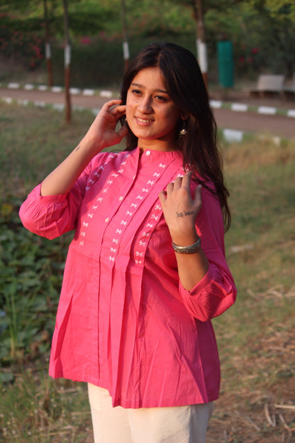 LIVAE Baby Pink Handwork Cotton Short Top