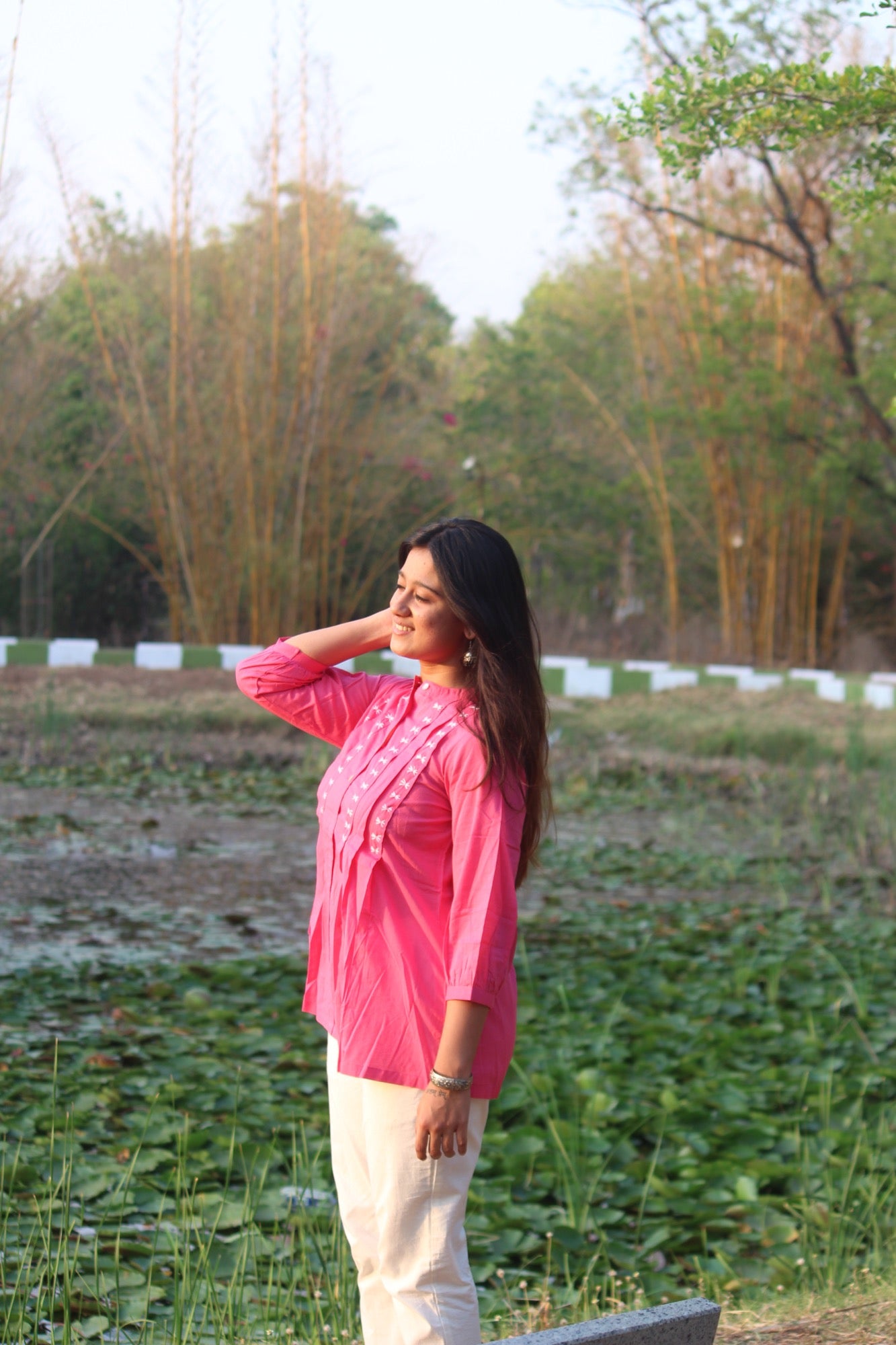 LIVAE Baby Pink Handwork Cotton Short Top