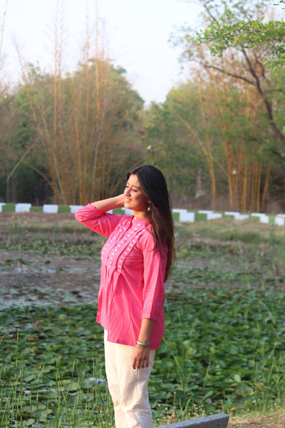 LIVAE Baby Pink Handwork Cotton Short Top