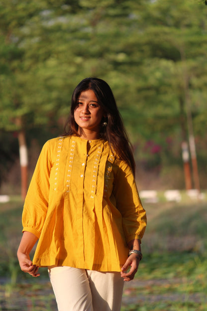 LIVAE Mustard Yellow Handwork Cotton Short Top