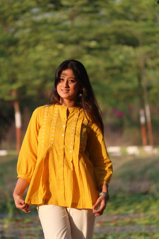 LIVAE Mustard Yellow Handwork Cotton Short Top