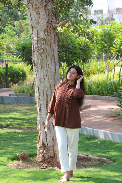 LIVAE Coffee Brown Handwork Cotton Short Top