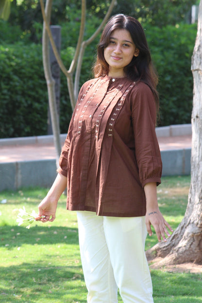 LIVAE Coffee Brown Handwork Cotton Short Top