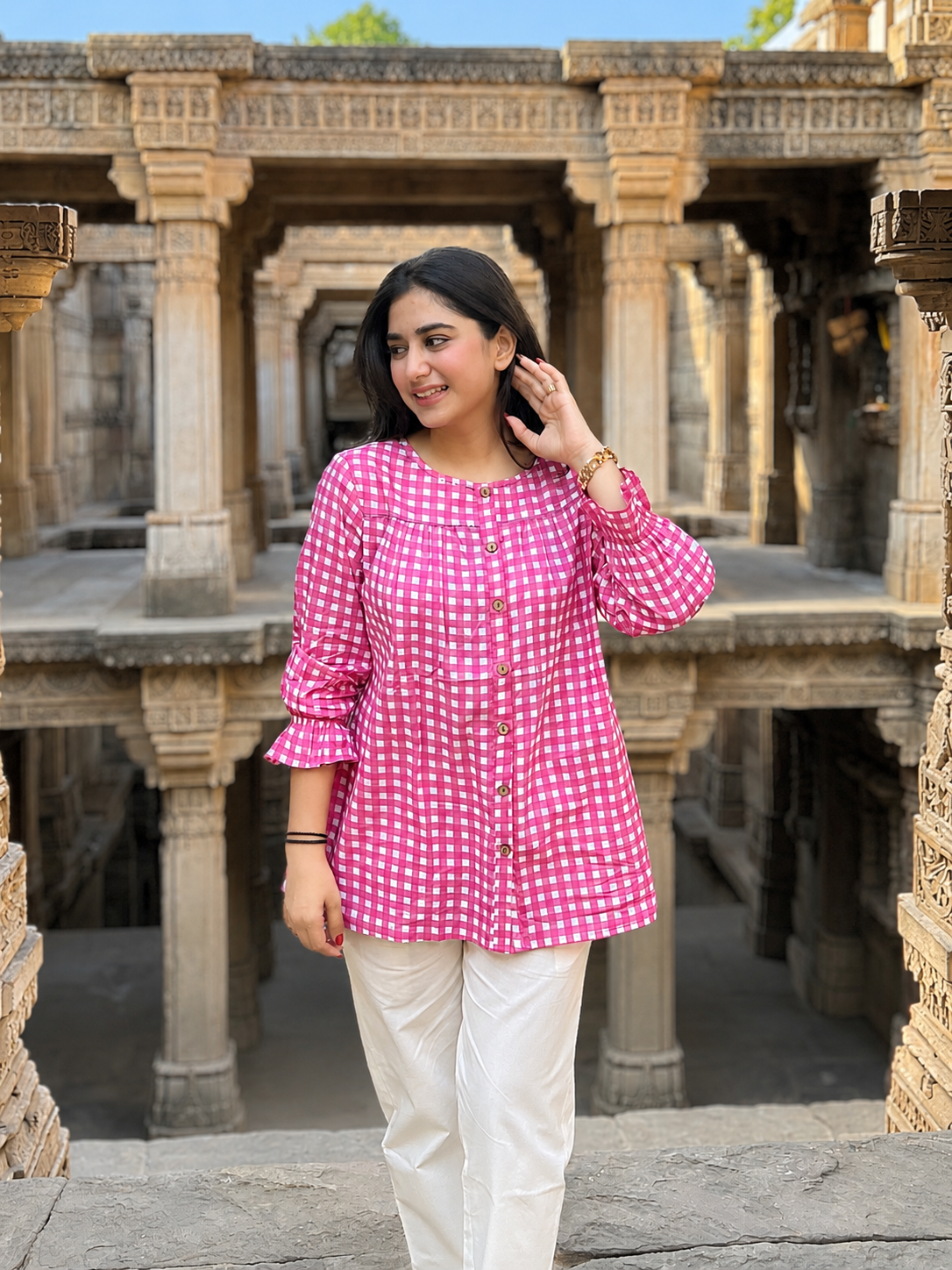 MIRA Rose Pink Checks Top