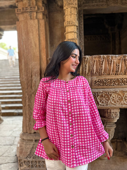 MIRA Rose Pink Checks Top